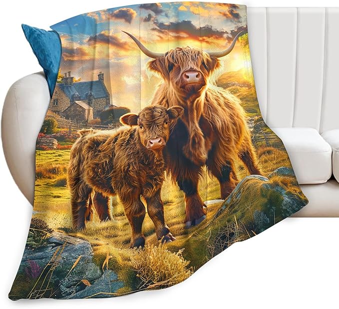 Highland Cow Blanket Gifts for Girls Boys Soft Warm Plush Highland Cattle Throw Blanket Flannel Fleece Fuzzy Farm Animal Stuff Blanket for Bed Couch Living Room Decor 80"X60"