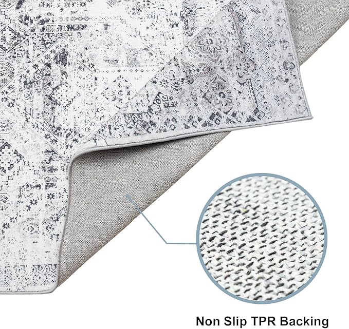 Area Rug 6×9, Large Vintage Boho Rug,Ultra-Soft Low Pile, Washable, Non Slip,Stain Resistant, Printed Carpet for Living Room Bedrooms Playroom Office Kitchen, Classic-Grey