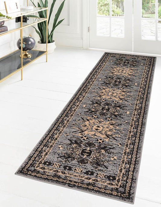 Unique Loom Taftan Collection Border Geometric Tribal Inspired Design Area Rug (2' 7 x 10' 0 Runner, Gray/ Black)