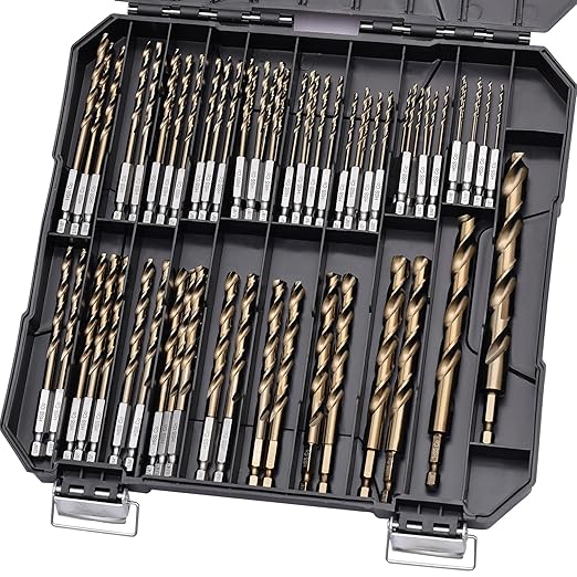 1/4 Hex Shank Cobalt Drill Bit Set 63Pcs 1/16"-1/2", M35 HSS Twist Impact Drill Bits for Metal and Hardened Steel, with Indexed Storage Case