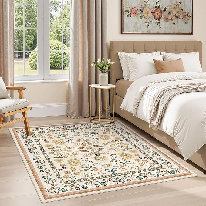 Square Area Rugs : Washable 5x5 Floral Carpet for Living Room Bedroom - Soft Floor Mat with Non Slip Backing for Kitchen Nursery Dorms Farmhouse Home Decor - Brown