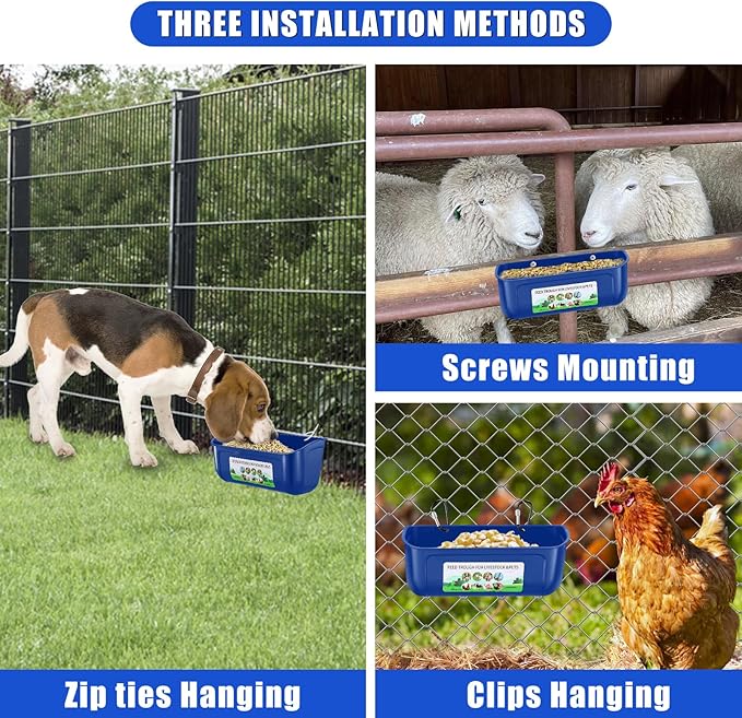 Chicken Feeder Waterer, 6 Pack Duck Feeder Supplies, Hanging Fence Feed Trough with Clips for Goat, Sheeple, Piglet, Gooses, Turkeys, Dog Livestock Poultry, Blue