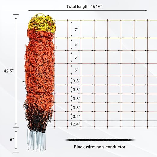 Electric Fence Netting 42.5" H x 164'L, Electric Netting with Posts and Double-Spiked Stakes, Portable Livestock Nets for Backyards, Homesteads, Gardens, Farms, and Ranches