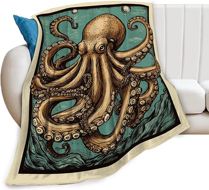 Octopus Blanket, Ocean Octopus Throw Blanket, Nautical Marine Gifts Blankets Stuff Fleece Flannel Plush for Girls Women Men Boys Lovers Adults Soft Bedding Gift for Sofa Bed Office Home Decor 80"x60"