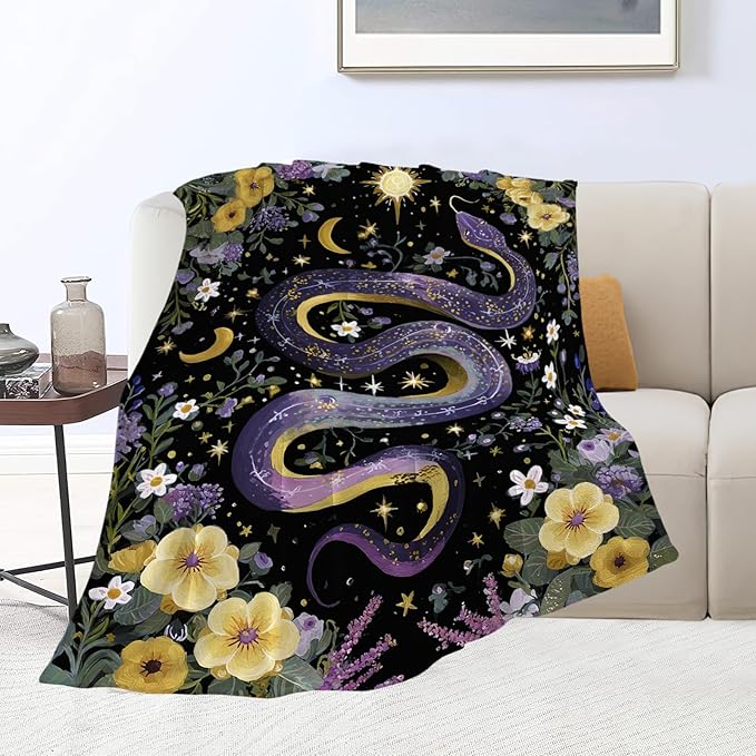 Purple Snake Blanket Fantasy Floral Reptiles Throw Blankets Gifts for Girls Boys Kids Snake Lover Soft Cozy Fleece Plush for Couch Sofa Bed 60"x50"
