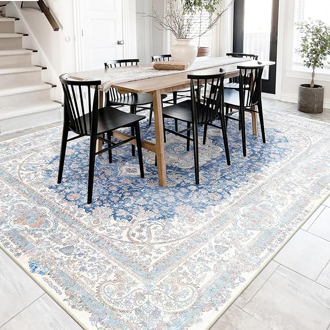 8x10 Area Rugs Washable,Blue Rug for Living Room Bedroom Dining Room,Large Boho Vintage Bohemian Distressed Carpet Non Slip,Floral