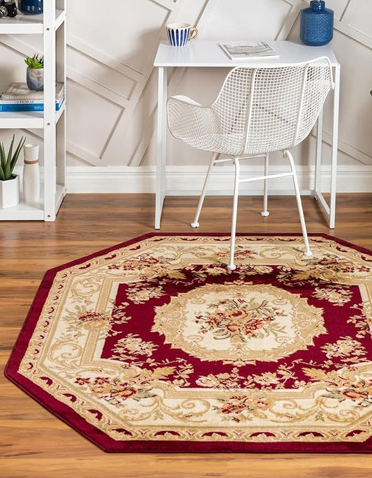 Unique Loom Versailles Collection Traditional Classic Floral Motif Area Rug (7' 11 x 7' 11 Octagon, Burgundy/Ivory)