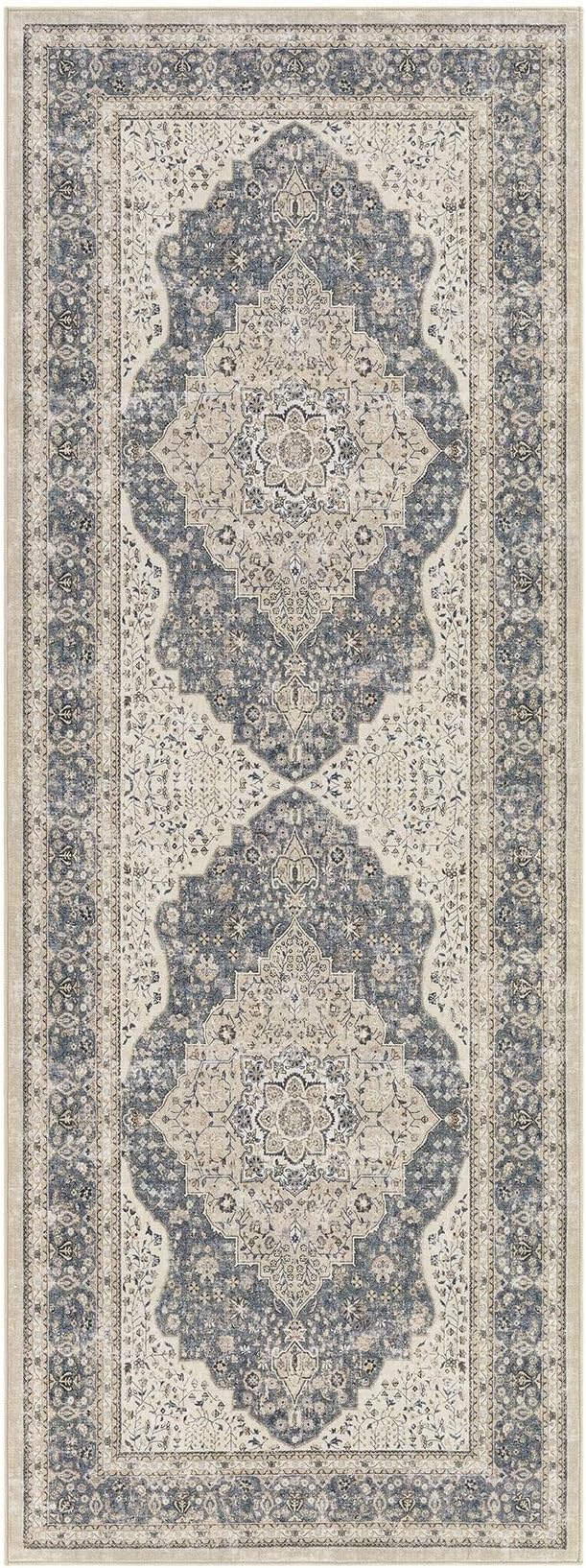 Washable Rug 3x8 Hallway Runner Rug-for Entryway Bedroom Kitchen Room Corridor Decor -Stain & Fade Resistant Non Slip Backing Carpet,Ultra-Thin Vintage Long Carpets(Blue/Beige)
