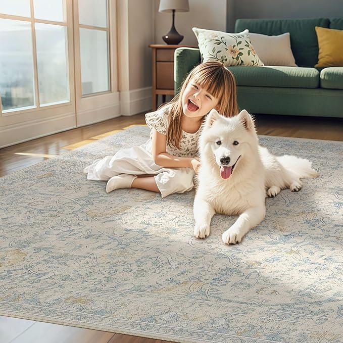 6x9 Area Rug Living Room Rugs - Washable Boho Vintage Floral Large Soft Non Slip Thin Rug Low Pile Carpet for Bedroom Dining Room Kids Playroom Office Decor Indoor- Light Blue