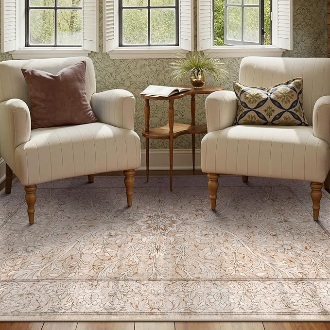 Collive 5x7 Area Rug, Washable Neutral Hand-Painted Floral Living Room Bedroom Rug, Vintage Distressed Boho Non Slip Low Pile Indoor Throw Carpet, Soft Retro Rugs for Dining Room Office, Pink Grey