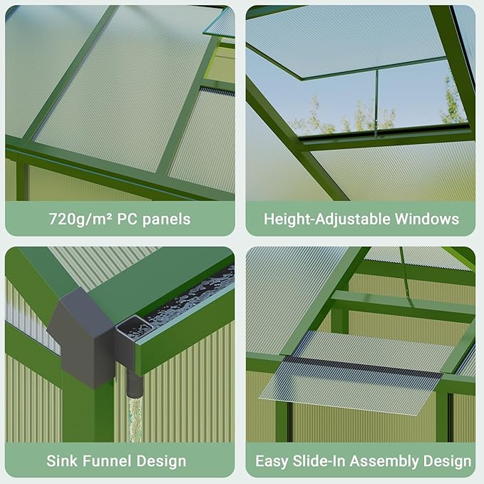 Greenhouse, 8x12 Ft Outdoor Greenhouses, Accessible Green House with Roof Vents and Sliding Doors, Aluminum Frame Polycarbonate Greenhouses, Large Greenhouse for Outdoor Gardens and Backyards, Green