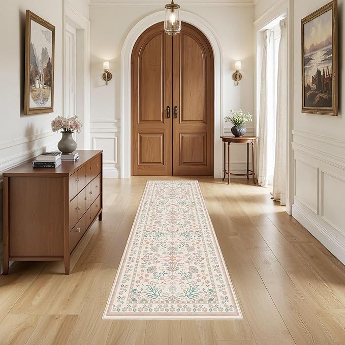 Runner Rug for Hallways Kitchen: 2x6 Washable Area Rug Boho Floral Soft Long Rug - Non-Slip Low Pile Throw Indoor Carpet for Entryway Kitchen Bedroom Laundry Bathroom - Pink