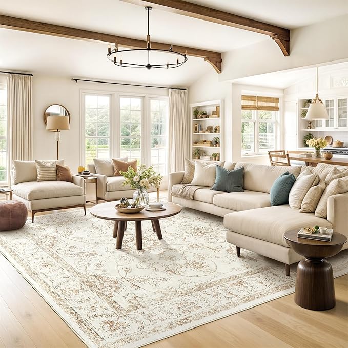 Madane Washable 6x9 Area Rugs for Living Room, Vintage Natural Rug with Non-Slip Backing, Soft Stain Resistant Throw Rugs Thin Carpet for Bedroom Dining Room Farmhouse (6 x 9, Wood/Ivory)
