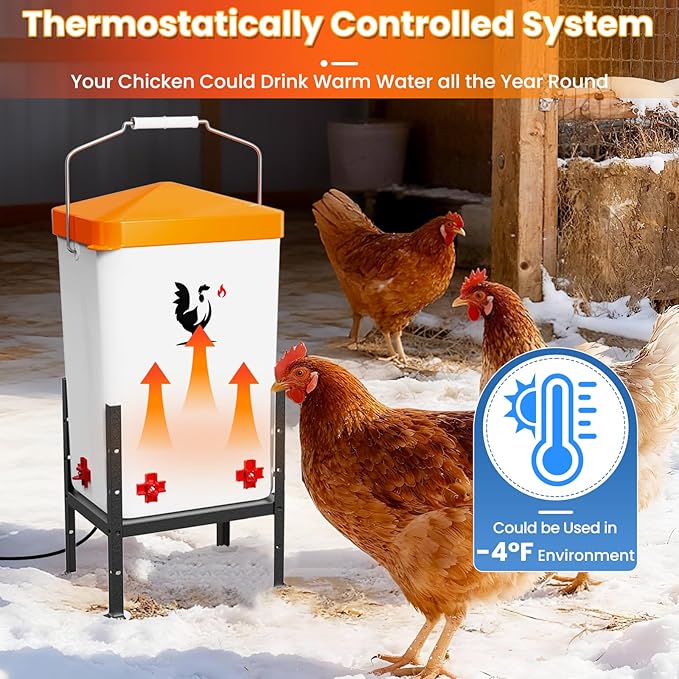 Heated Chicken Waterer for Winter, Poultry Water Heater with 4 Horizontal Nipples, Thermostatically Controlled, Adjustable Heights, Anti-Freezing Watering System for Coop (Orange, 12L)