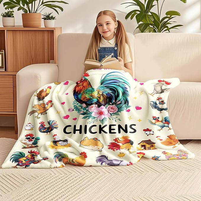 Chicken Blanket Gifts for Girls Women Soft Flannel Chicken Themed Throw Blanket Rooster Birthday Bedding Decor Gifts for Kids Adults Stuff 50"x40"