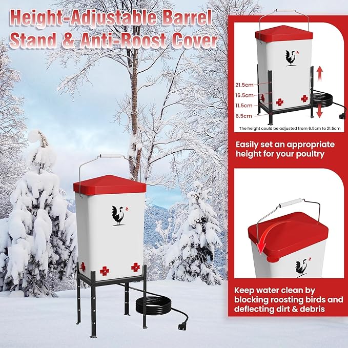 Heated Chicken Waterer, 3.2 Gallon Chickens Poultry Waterer with Nipples, Height Adjustable & Detachable Stand, All-Season Chicken Coop Waterers, Chicken Water Heater (12L, Red Cover)