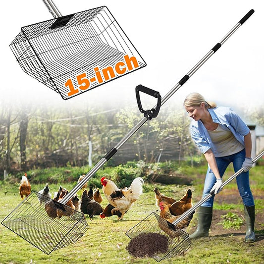 Extra Large Chicken Poop Scooper – 15'' Wide Stainless Steel Litter Cleaner, 5-in-1 Adjustable Handle (37-77 Inch), for Chicken Coops, Poultry Barns, Durable Farm & Outdoor Tool