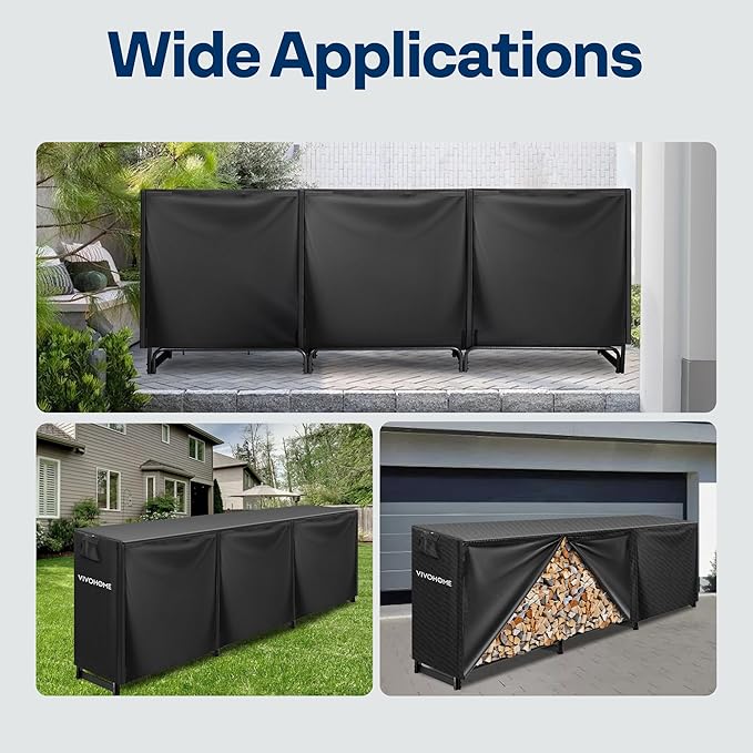 VIVOHOME 10 ft Heavy Duty Firewood Rack Outdoor with Cover, Fire Wood Storage Rack, Log Holder and Cover Combo Set with Zipper, Black