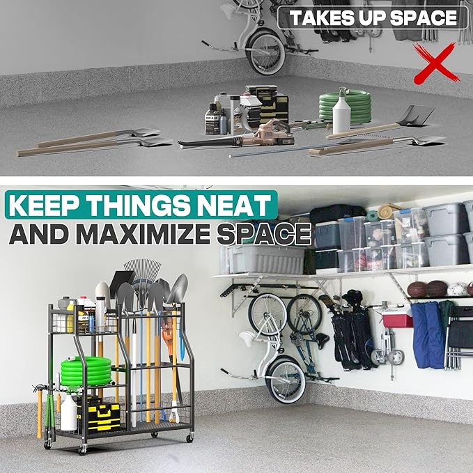 EVERHANGER Garden Tool Organizer Stand, Garage Tool Storage Organization, Yard Tool Racks with lockable wheels, Fit for Long-Handled Tools/Rakes/Brooms