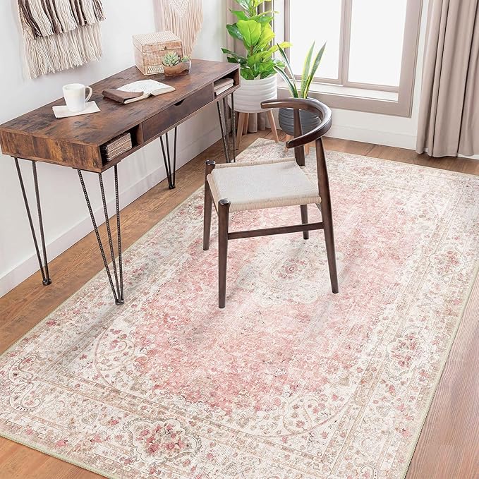 Pink Rug 4'x6.5',Washable Area Rugs for Bedroom Living Room Kitchen Entryway,Small Boho Vintage Bohemian Distressed Non Slip Carpet,Blush
