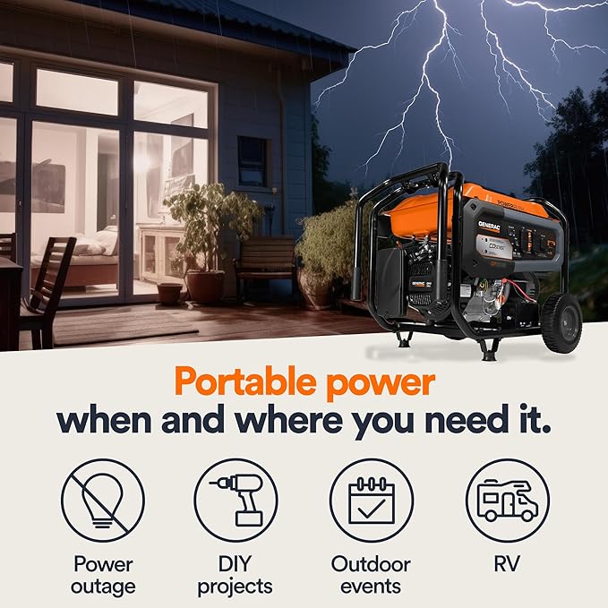 Generac 8,125 Starting Watt Gas-Powered Portable Generator - COsense Technology - PowerRush Advanced Technology - Reliable Power for Emergencies, Recreation, Home - 49 State Compliant