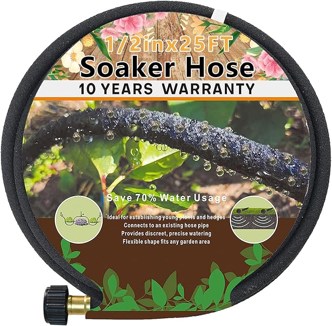 1/2'' Soaker Hose for Garden - 25 Ft Heavy Duty Garden Soaker Hose, Drip Irrigation System