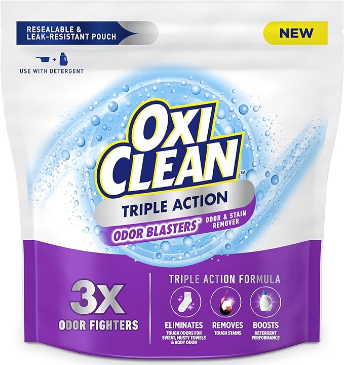OxiClean Triple Action Odor Blasters Odor and Stain Remover Powder, Use with Detergent, Eliminates Tough Odors and Removes Stains, Color Safe and Chlorine Free, 6.5 lbs