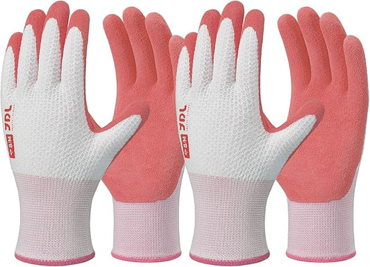 JDL Gardening Gloves for Women, 2 Pairs Breathable Latex Coated Yard Garden Gloves, Rubber Outdoor Protective Work Gloves with Grip, Pink, Large Size