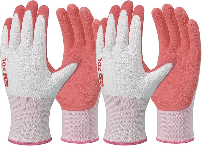 JDL Gardening Gloves for Women, 2 Pairs Breathable Latex Coated Yard Garden Gloves, Rubber Outdoor Protective Work Gloves with Grip, Pink, Medium Size