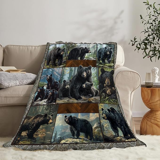 Black Bear Blanket Wild Animal Throw Blanket Cozy Plush Fleece Flannel Bear Blankets Lightweight Fuzzy Party Gifts for Girls Boys Women Men 80"X60"