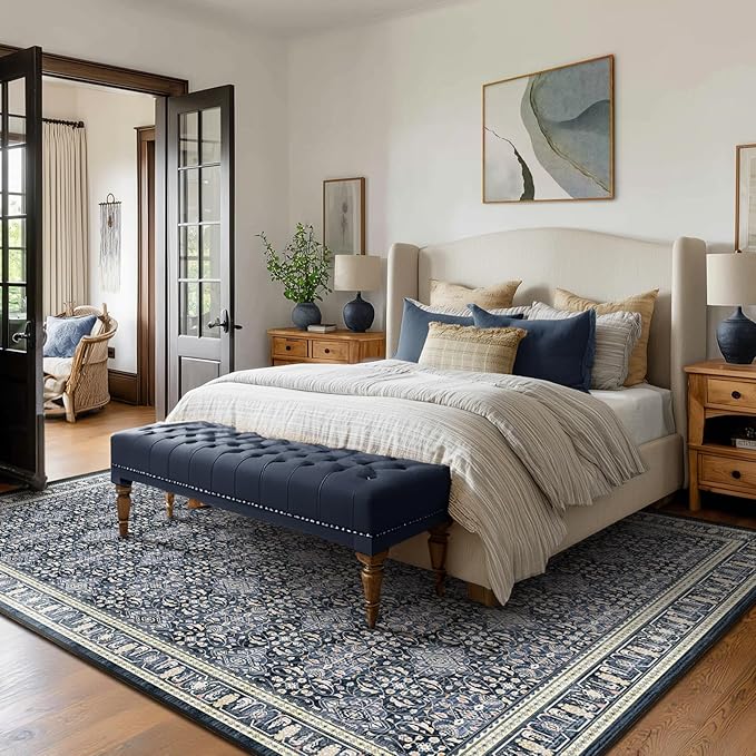 Dark Blue 8x10 Area Rugs for Living Room, Transitional Classic Boho Floral Moroccan Trellis Printed Carpet Rug for Bedroom Dining Room, Low Pile Thin Washable Non Slip Room Rug for Office