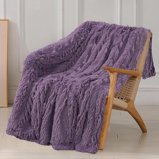 Tuddrom Decorative Extra Soft Faux Fur Blanket Twin Size 70" x 78",Solid Reversible Fuzzy Fluffy Plush Fleece Comfy Microfiber Blanket for Couch Sofa Bed,Patrican Purple