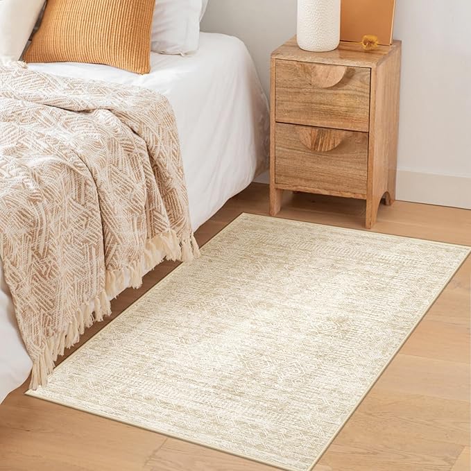 Washable Area Rug 2x3: Moroccan Entryway Rug Geometric Farmhouse Boho Throw Rug Non Slip Low Pile Soft Indoor Doormat for Entrance Bedroom Kitchen Hallway (Beige,2x3)