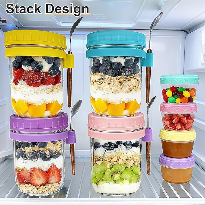 4-pack Overnight Oats Containers with Lids, Spoons & Small Containers for Nuts, 16oz Glass Mason Overnight Oats Jars with Airtight Lid, Reusable Chia Pudding Jars Yogurt Parfait Container with Lids