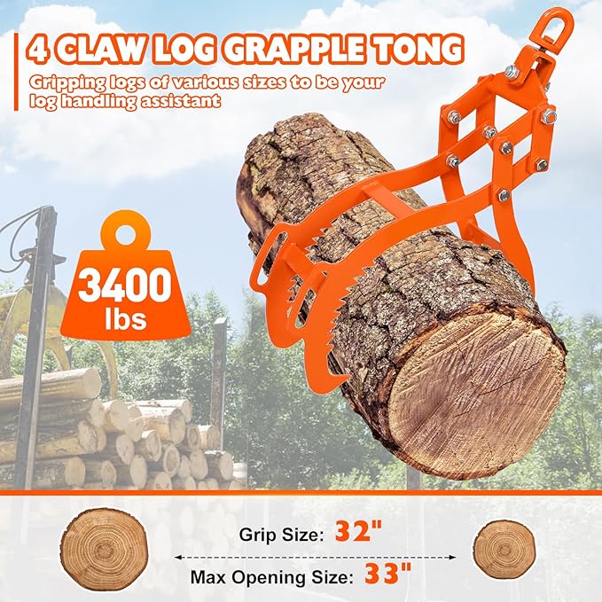 32inch Log Tongs, Log Grapple for Logging Tongs, Swivel Steel Skidding Tongs, 4 Claw Timber Claw Hook Eagle Claws Design Log Lifting Tongs for for Tractors, ATVs, Trucks, Forklifts 3400LBS Capacity