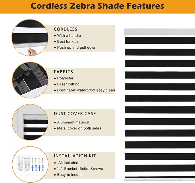 Cordless Zebra Blinds Window Blind Zebra Shade Blinds for Windows Roller Sheer Shades Privacy Light Filtering Shades for Home Kitchen Bathroom (Width 39'' X Height 72'' Black)