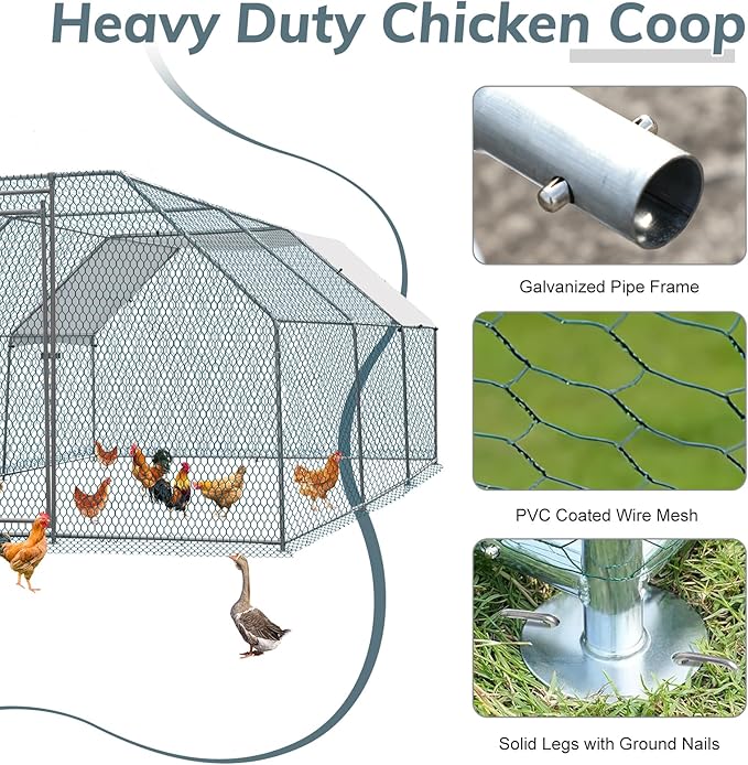 VINGLI Chicken Coop, Large Metal Poultry Cage for Chicken Run, Walk-in Chicken Pen with Waterproof & Anti-UV Cover Outdoor (Silver-Flat Roof, 19.7 * 9.8 * 6.5 ft)