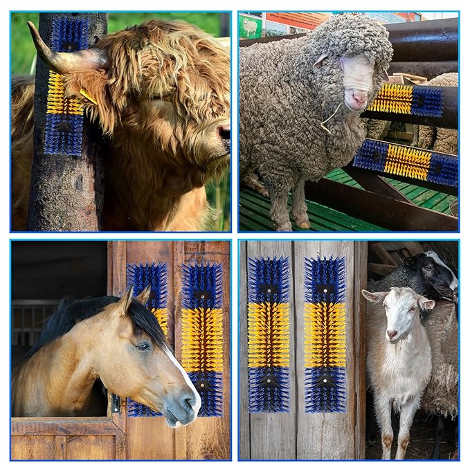 Livestock Scratch Brush for Cattle, Horses, Goats, Cow, Durable Scratching & Massage Grooming Tool for Healthy Coat, Relieves Itching, Easy Install on Fence Posts(2pcs, Yellow)