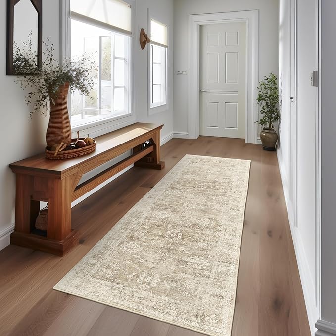 Madane Rug Runner for Hallways 2'6''x8, Washable Kitchen Runner Rugs with Non Slip Backing, Soft Floral Print Carpet Runners for Laundry Room, Bedroom, Brown/Sand