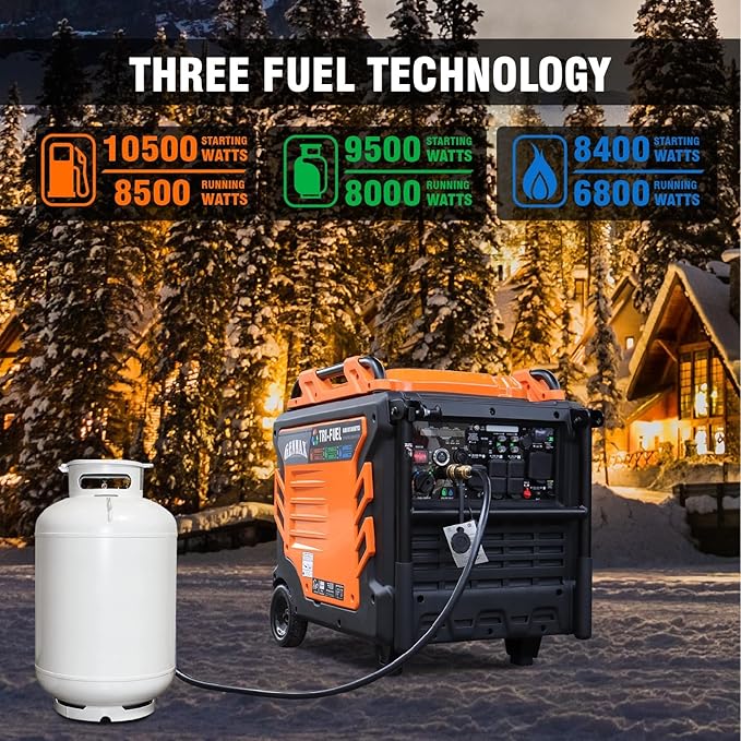 GENMAX Tri Fuel Generator,10500-Watt 458cc Tri Fuel Gasoline Propane Natural Gas Portable 50A Generator with Remote Start,Ideal for Home backup power.