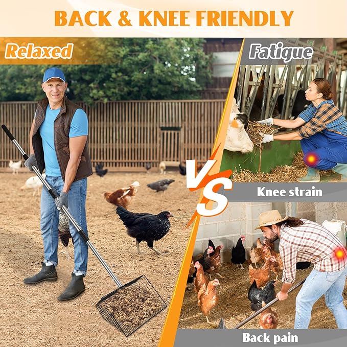 CAROD 15"-Large Thickened Chicken Poop Scooper, 24 to 68" Adjustable Chicken Coop Scoop for Poop with Stainless Steel Handle, Litter Scooper Sifting Shovel Chicken Coop Accessories