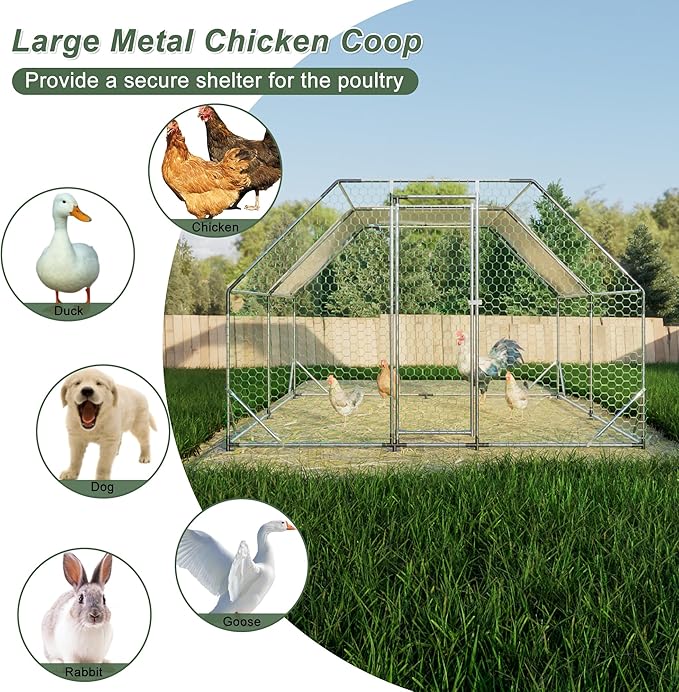 Chicken Coop Large Metal Chicken Coop Walk-In Poultry Cage Chicken Run for 15-20 Chickens,Durable Chicken House/cage with Waterproof and Anti-UV Cover,Suit for Your Backyard(13'Lx9.8'Wx6.8'H)