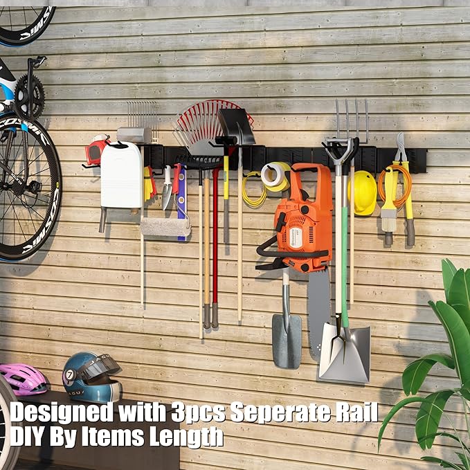 48 Inches Garage Organization,Wall Mount Garden Tool Organizer, 660lbs Adjustable Heavy Duty Metal Hanging Hooks, Garden Tool Hangers Storage Rack for Garage, Yard, and Shed (3 Racks, 9 Hooks)