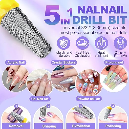 Fantexy 3/32" Carbide Nail Drill Bit - Remove Acrylic Hard Gels Quickly and Safely, 5-in-1 Tungsten Carbide Nail Drill Bit for Nail Art,Manicure,Pedicure,Gel,Cuticle Clean (Extra Fine - XF)