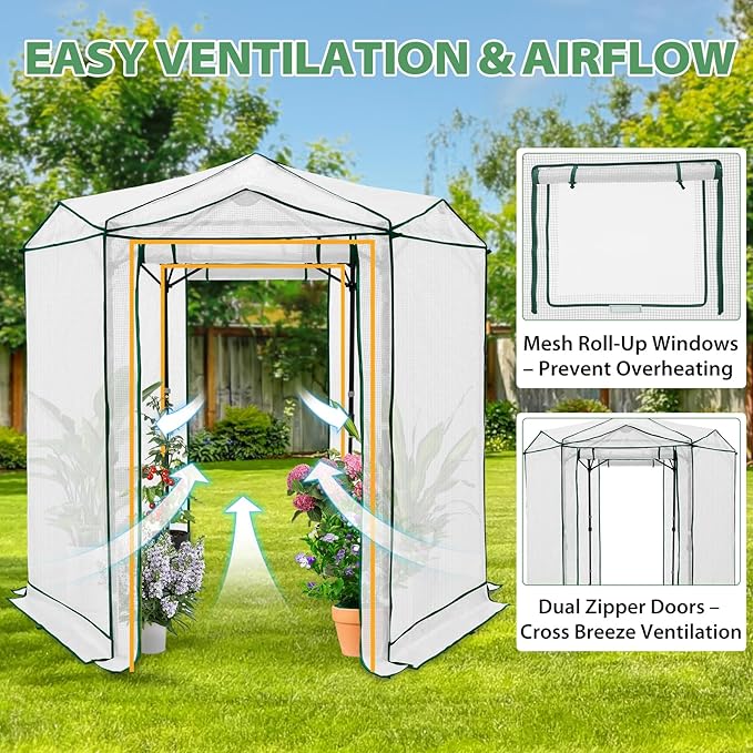 EAGLE PEAK 6.6x6.6 ft Hexagon Pop up Greenhouse, Portable Walk-in Grow Tent for Seed Starting, Garden Plants, Indoor Outdoor Green House, All-Weather Plant Shelter, PE Cover, White/Clear