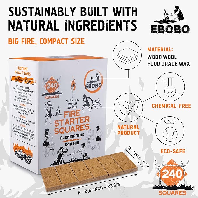 240 pcs Fire Starter Cubes – Natural Wax-Based, Odorless & Non-Toxic – Quick Ignition for BBQ Grill, Fireplace, Wood Stove, Fire Pit & Camping – Easy, Mess-Free Lighting
