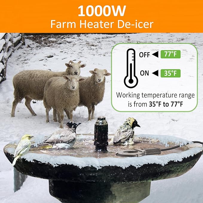 1000W Utility De-Icer, Submergible Bird Bath Heater De-icer, Chicken Water Heater, Stock Tank Heater for Livestock Poultry Birds, Cows, Horses, Wildlife Drinkingwith 10FT Power Cord, Black