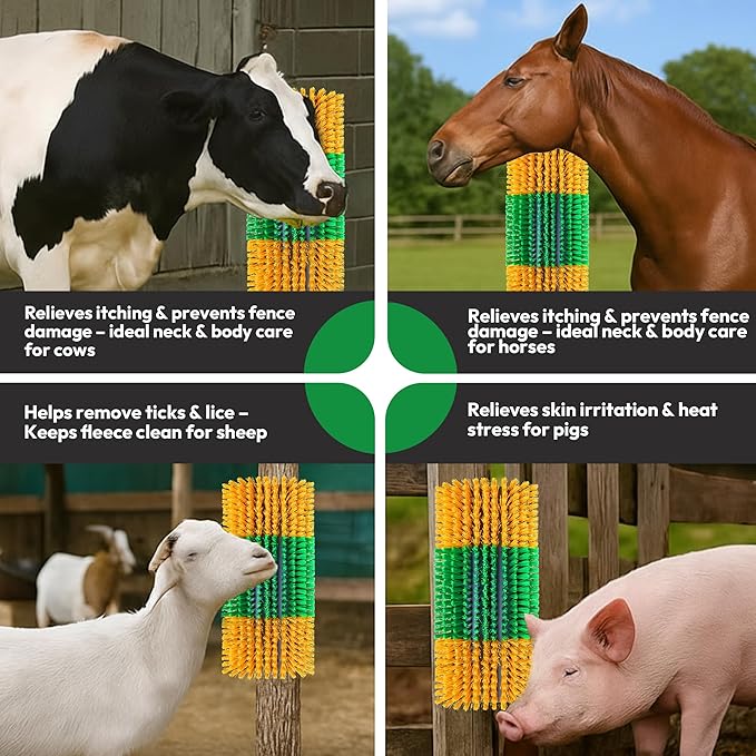 Livestock Scratching Brush 2-Pack — Cattle Horse Goat Pig Sheep Grooming Post with 16 Screws, Weather-Resistant Barn Fence Mount