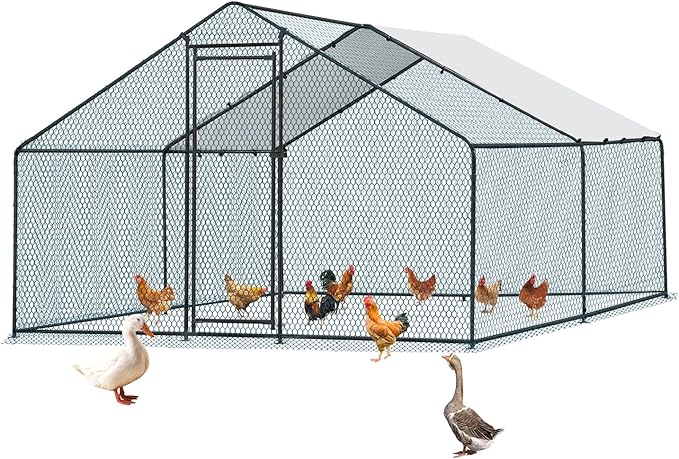 VINGLI Chicken Coop, Large Metal Poultry Cage for Chicken Run, Walk-in Chicken Pen with Waterproof & Anti-UV Cover Outdoor (Black-Spire Roof, 13.1 * 9.8 * 6.5 ft)