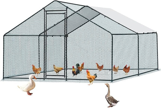 VINGLI Chicken Coop, Large Metal Poultry Cage for Chicken Run, Walk-in Chicken Pen with Waterproof & Anti-UV Cover Outdoor (Black-Spire Roof, 13.1 * 9.8 * 6.5 ft)